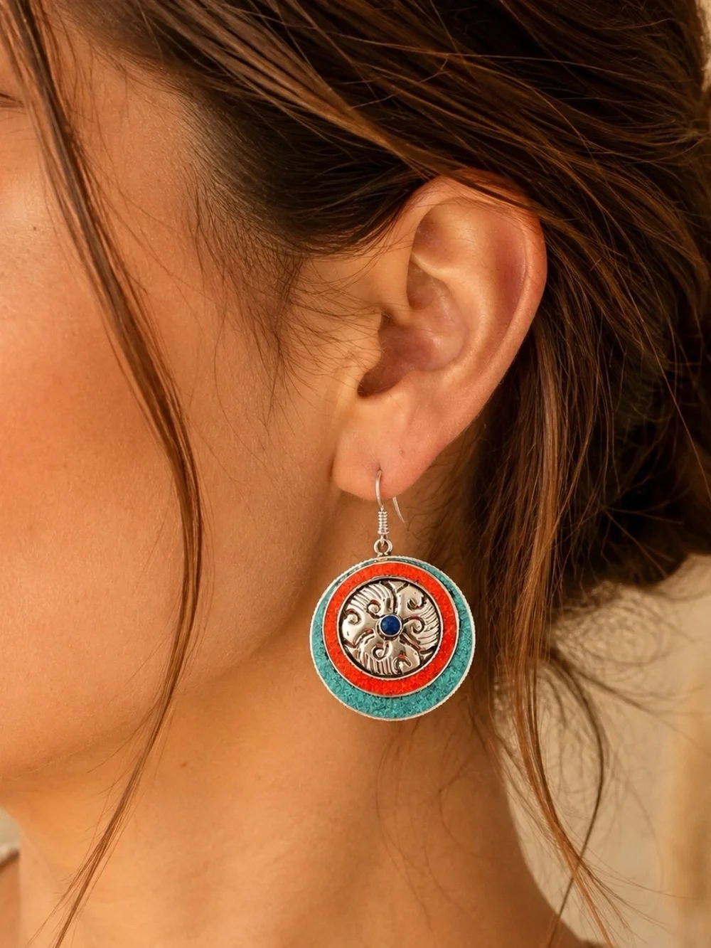 Southwest Turquoise Coral Lapis Tibetan Silver 2” Earrings